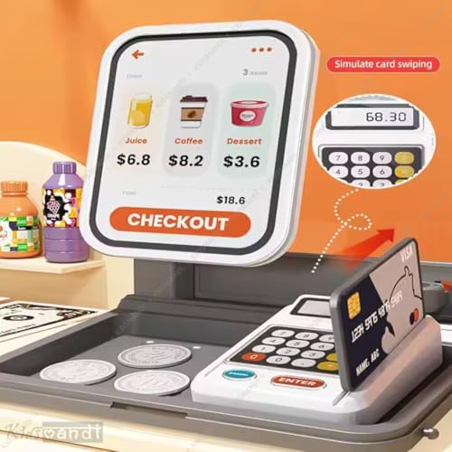 Image of Kids Mandi Cash Register Playset for Kids | 48 PCS Supermarket Pretend Play Toy with Scanner, Grocery Game Food Set & Play Food | Educational Store Toy (Yellow)