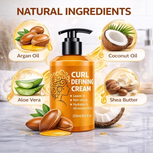 Image of Curl Defining Cream for Curly & Wavy Hair - Leave-In Styling Cream for Frizz Control, Soft Hold & Hydration | Curl Enhancing Cream with Argan Oil & Coconut Extract - Non-Sticky Formula - 250ml