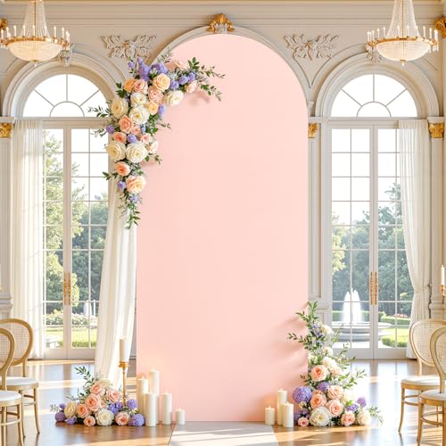 Image of Pale Pink Arch Backdrop Cover 6FT Polyester Fitted Wedding Arch Stand Covers Round Top Chiara Arch Covers Stretchy Backdrop Cover for Birthday Party Ceremony Banquet Decoration