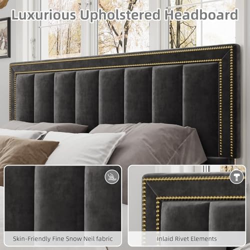 Image of BarnFurin Full Size Bed Frame with 50 inch Extra Tall Headboard, Black Chenille Upholstered Platform Bed, Vertical Channel Tufting & Nailhead Trim, No Box Spring Needed, Squeak-Free