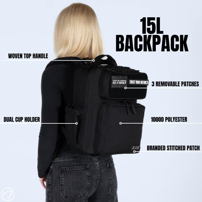 WOLFpak 15L Slim Tactical Gym Backpack - Durable 1000D Waterproof Oxford Material | Minimalist Daypack w/Laptop Pocket & Dual Cup Holders | Great for Travel & Everday Carry | (Alpha Black) - Image 2