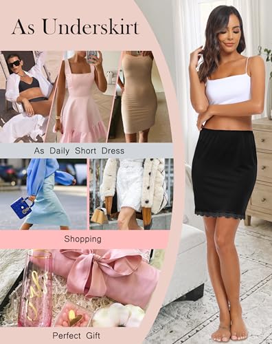 Vlazom Unterrock kurz Petticoat Knielang Halbrock für Damen Elegantes Unsichtbar Underskirt Spitze(M,Schwarz)