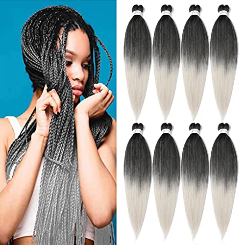 8 Packs Pre-stretched Braiding Hair,30 inch Braiding Hair Pre Stretched Soft Yaki Texture, No Itch, Hot Water Setting Hair Extensions for Braids(30in,1B/Silver)