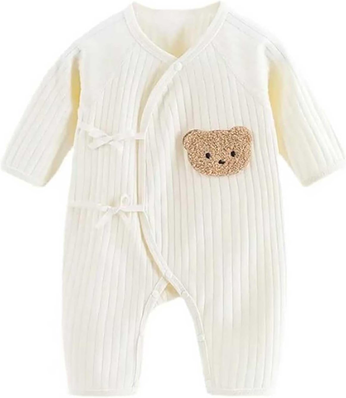 Babyfond Newborn Baby Cotton Onesie, Cute Bear Patched Casual Long Sleeve Bodysuit, Toddler &amp; Infant Boy's Girl's Comfortable Clothing