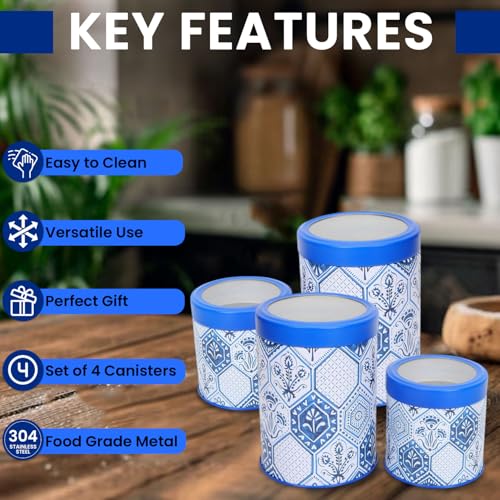 Image of Maroc Collection Airtight Kitchen Container Set| 450ML+1100ML- Set of 4| Food Grade Metal Jars for Spices, Cookies & Dry Food Storage| Vacuum Lid, Rust Resistant, Moroccan Blue Canisters