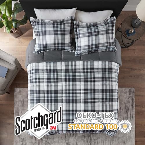 Image of Madison Park Essentials Parkston Plaid Comforter, Matching Sham, 3M Scotchguard Stain Release Cover, Hypoallergenic All Season Bedding-Set, King /California King, Black, 3 Piece