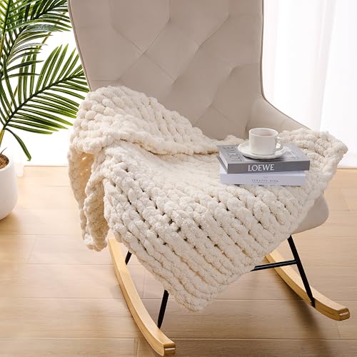 L'AGRATY Chunky Knit Blanket Throw: 30''x40'' Chenille Chunky Knitted Throw Blankets for Bed Couch - Handmade Thick Big Cable Knit Blankets - Large Crochet Rope Blanket for Home Decor(Ivory)