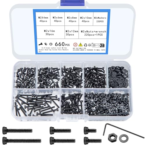 660 Stück M2 Schrauben Set, M2 Schrauben Muttern und Unterlegscheiben Sortiment Kit, Zylinderschrauben mit Innensechskant Schrauben Set, Gewindeschrauben Sechskantschrauben Maschinenschrauben Set