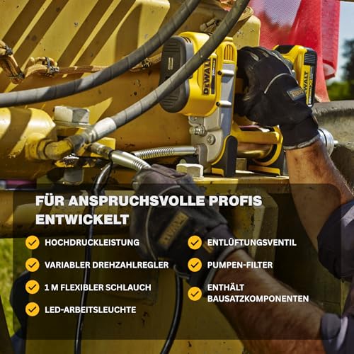 Dewalt 18 Volt Akku-Fettpresse DCGG571M1 (690 bar Arbeitsdruck, Fassungsvermögen: 400 gr. mit Kartuschen u. 473 gr. Aus Gebinden, 1 m Schlauch, inkl. 18 Volt 4 Ah Li-Ion Akku und Ladegerät, Koffer)