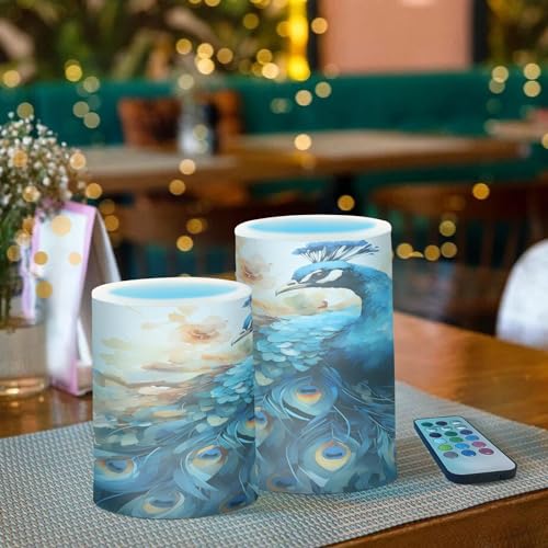 Image of ALAZA Peacock Flickering Flameless Candles Battery Operated with Remote Timer,Tea Light Candles LED Pillar Votive Candles Set of 2 for Outdoor Indoor Decorations