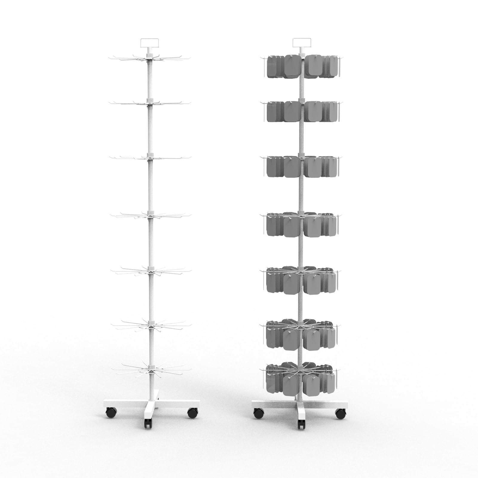 Retail Display Racks 7 Tier Spinning Display Stand, Movable Shop Spinner Rack with Hooks, Retail Display Stand for Jewelry Keyring Hats Socks Toys (White)