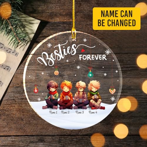 Besties is Forever Clear Plastic Ornaments, Christmas Decorations Personalized Name Four Boys Wear Sweater Scarft with Chocolate Cup Acrylic Ornaments, Gifts for Brother Friends Besties Siblings2
