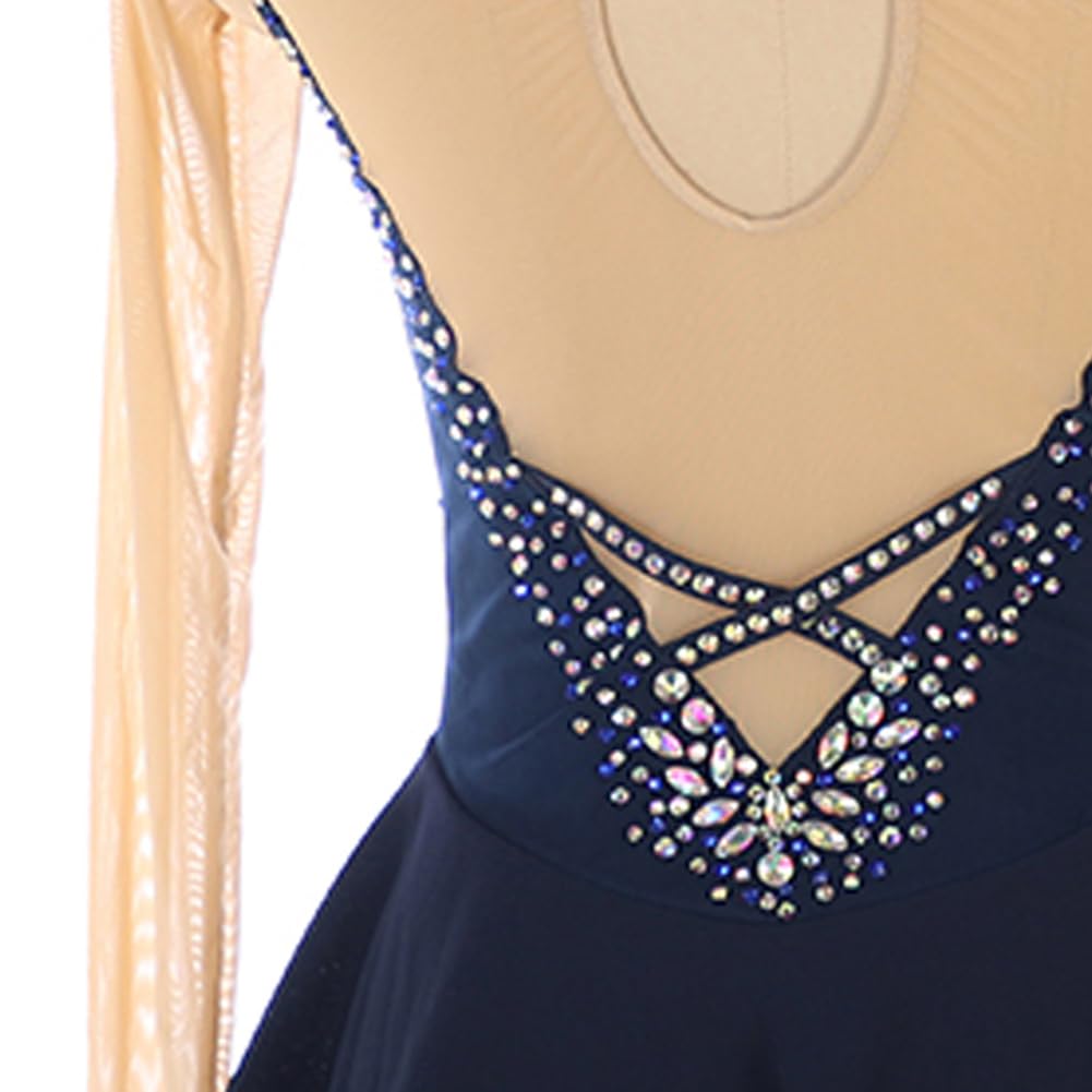 Robe Patinage Artistique Femmes, Collant Patinage sur Glace pour Filles, Bleue, Manches Longues, Jupe de compétition pour Gymnastique, Danse à roulettes, Robe de Ballet