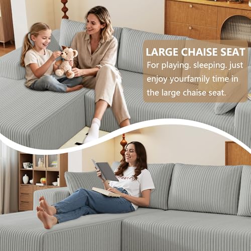 Image of 96 inch Modular Sectional Couch, Boneless L Shaped Cloud Sofa with Chaise Lounge, Corduroy Upholstered Couches Memory Foam Deep Seat, No Assembly Required, Ideal for Living Room(Light Gray, Left Facing)