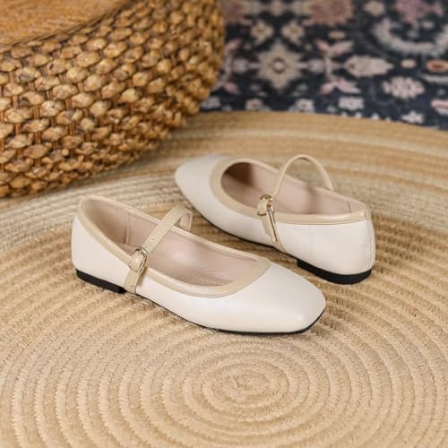 TN TANGNEST Ballet Flats for Women Soft Leather Ankle Buckle Shoes Comfortable Square Toe Mary Jane Flat 203