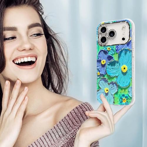 Image of Elzzi Compatible with iPhone 17 Pro Case Oil Painting Flower Colorful with Lens Prtotection Shockproof PC+TPU Glossy Back Cover for Girls Women, Green
