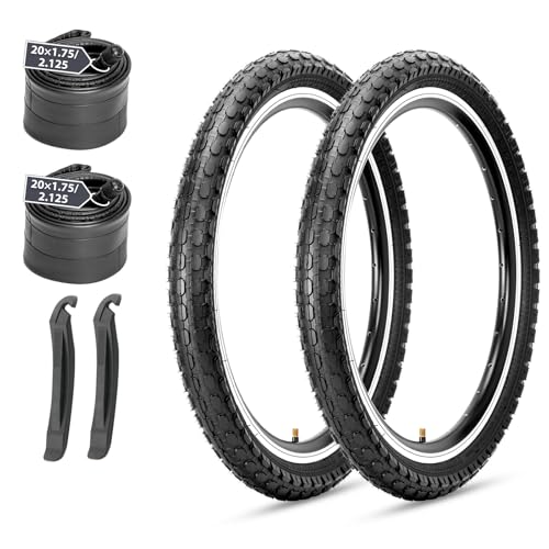 MOHEGIA Kids Bike Tires Replacement Set: 2-Pack 20x2.125 inch Puncture-Resistant Folding Bicycle Tires and 2 Pcs Bike Tubes Schrader Valve with Tire Levers-Black
