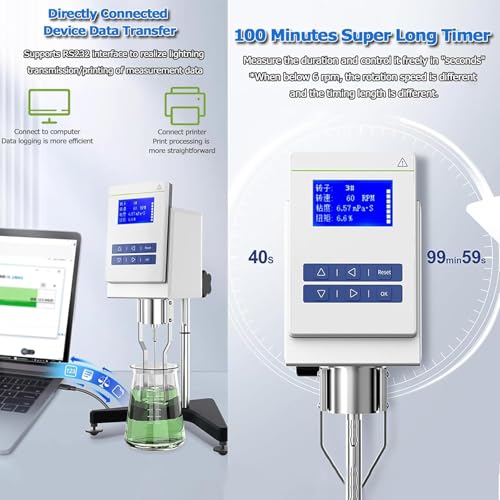 Viscosímetro rotativo digital, 100.000 MPa.s, probador de viscosidad de laboratorio con 4 rotores de acero inoxidable, carrera de 150 mm, temporizador de 100 minutos para grasa, pintura, adhesivos
