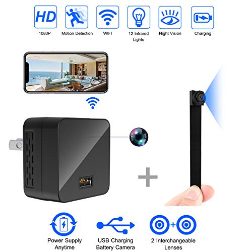 Spy Camera Charger WiFi Hidden Cameras 1080P Wireless Surveillance Video Camera Covert Nanny Cam USB Wall Adapter Mini Cams Plug Rechargeable for Home Security w/ 2 Lens/Night Vision/Motion Detection