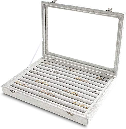 Image of BucketList Women's Velvet Glass Ring Earrings Jewelry Box - Display Storage Showcase Holder Organizer (100 Slot Ring Jewellery Box-Grey)