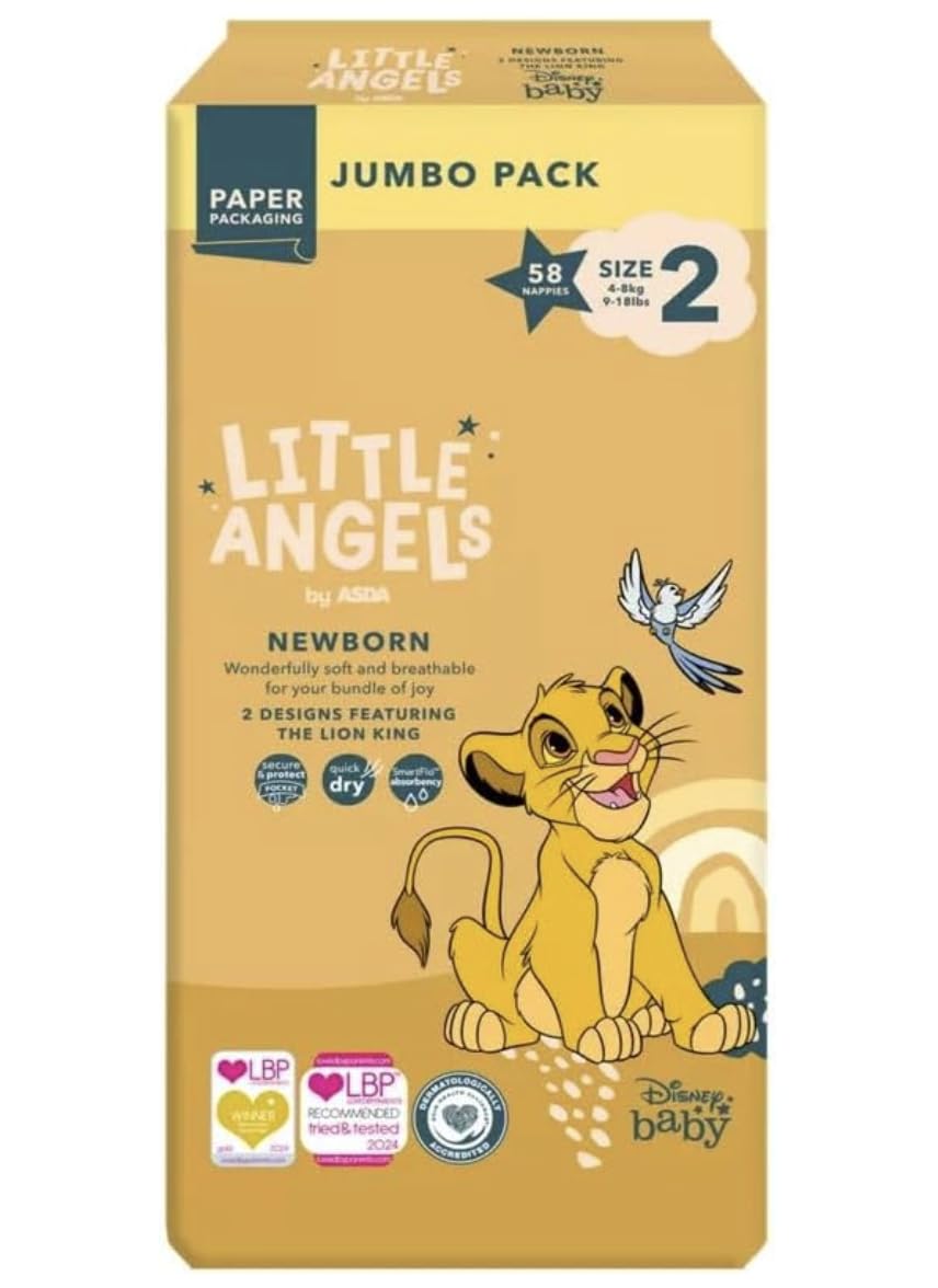 Little Angels by ASDA Newborn Nappies, Size 2, Disney Lion King Design, Jumbo Pack, 58 Count