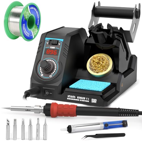 EZTOOLS 926LED V1 110W High-Power Soldering Station Iron Kit in Black with Temperature Control includes Lead-Free Solder, 6 Soldering Tips, ESD-Safe Tweezers, Solder Wire Dispenser, Tip Cleaner