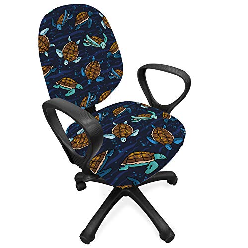 Ambesonne Under The Sea Office Chair Slipcover, Graphical Layout of Sea Turtles Cartoon Ocean Lifestyle, Protective Stretch Decorative Fabric Cover, Standard Size, Navy Brown