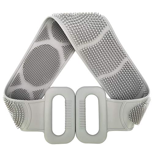 Extended Silicone Body Scrubber, Exfoliating Back Scrubber for Shower with Handles, Two Sides Deep Clean Skin and Massage Body, Easy to Clean and Dry, Soft and Comfortable, 28.5 Inches (Grey)