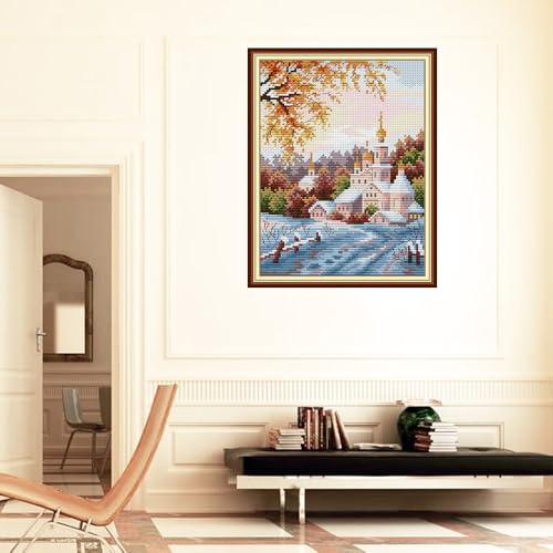Image of CROSSDECOR Cross Stitch Kits for Adults,Stamped Cross Stitch Kits,DIY Needlepoint Kits for Beginners Counted Embroidery Craft Supplies for Home Decor - Church 7.8x10.6in