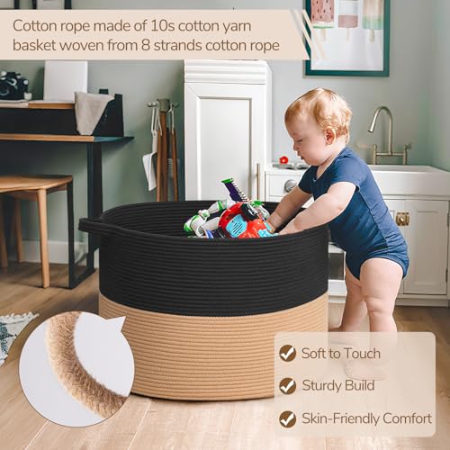 Image of INDRESSME 115L Extra Large Cotton Rope Blanket Basket for Nursery, Boho Decor Baby Laundry Baskets for Kids Toy Organizer Storage Bin for Dirty Clothes Pillows Towel, Black & Camel