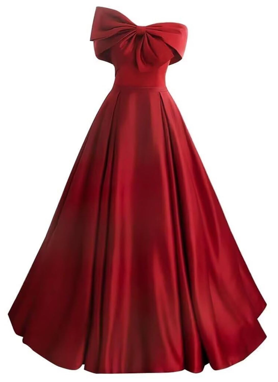 Kurface Women's Wine Red Satin Prom Dresses For Bow Sleeveless Off Shoulder Formal Dress Evening Gown Uk8