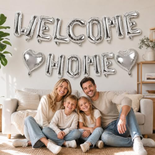 Image of TONIFUL Silver Welcome Home Balloon Set - 16 Inch Mylar Foil Letter Balloons with Silver Heart Balloons for New Home, Housewarming, Welcome Back, Military Homecoming, Retirement Party Decorations