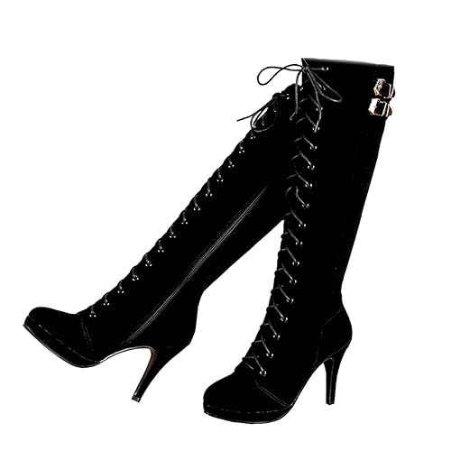 getmorebeauty Womens Suede Buckle Rock Lace Up Zipped Knee High Boots High Heel Boots - 9 Black