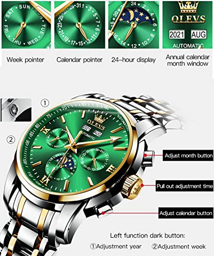 Image of OLEVS Analog Men Green Dial Gold Band Watches Automatic,Two Tone Stainless Steel Watch,Day Date Mechanical,Waterproof Swiss Wrist Watch ,OLEVS Self Winding Luminous Business Large Tourbillon Watch
