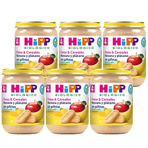 HiPP Biológico - Tarrito de Manzana y Plátano con Galletas BIO - Papilla de Frutas & Cereales - Pack 6x190g - Sin Azúcares Añadidos - Apto a Partir de 4 Meses