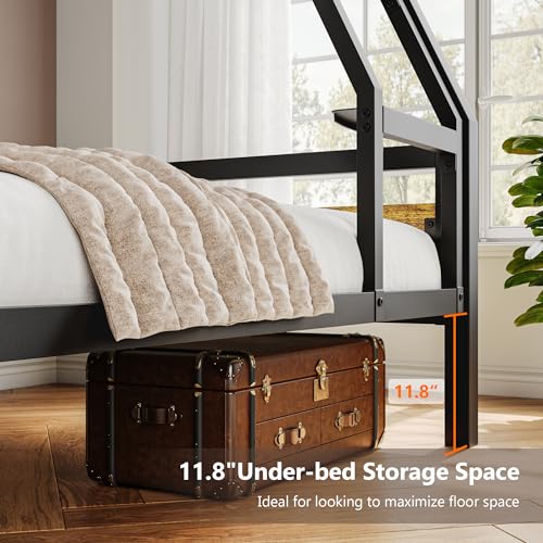 Image of iPormis Metal Bunk Bed Twin Over Full, Heavy Duty Bunk with High Guardrail and Safety Entrance Design, Under-Bed Storage Space, Easy Assembly, Noise Free, Rustic Brown