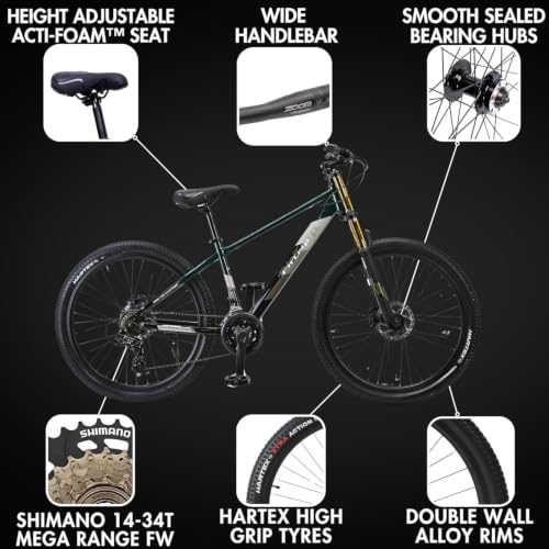 Image of FitTrip Super Dominator 21 Speed Mountain Bike, 26 Inch Stunt MTB Cycle with Imported Double Crown Suspension and Jak 7 Dual Disc Brakes, Single Speed Bicycle for Men (British Racing Green)