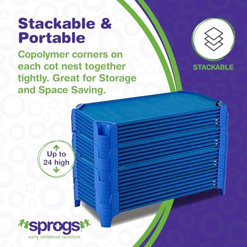Image of Sprogs Heavy-Duty Stackable Standard Size 52 inchL Daycare Cots for Kids and Toddlers, Stacking Preschool Classroom Kids Cots for Sleeping, Resting, Naptime, Pack of 6, Blue