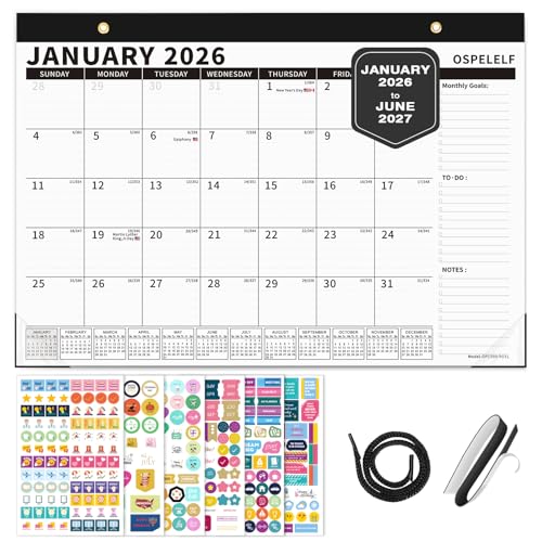 Image of Ospelelf 2026-2027 Calendar Magnetic Desk Wall Desktop Monthly Planner from January 2026 - June 2027 Large To Do Pad with Plastic Cover for Office 17 inch X 12 inch Black