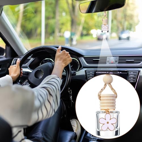 Image of 30 Pieces 8ml Hanging Car Air Freshener Diffuser with Daisy Flower Pendant Empty Glass Perfume Bottle Perfume Refillable Essential Oil Aromatherapy Vials with Wooden Caps Hanging String