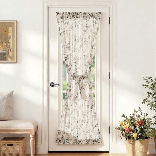 Image of jinchan Floral French Door Curtain Panel Farmhouse Decor Light Filtering Linen with Tie Up Bow for Glass Door or Patio 72 Inch Length Rod Pocket 1 Panel Black on Linen