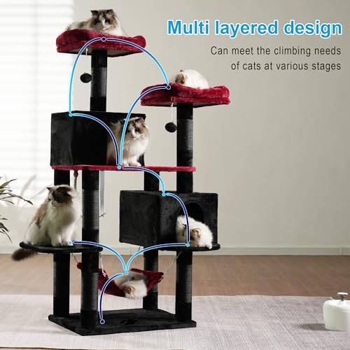 Image of Hey-brother Gothic Large Multi-Level Cat Tree Condo Furniture with Sisal-Covered Scratching Posts, 2 Bigger Plush Condos, Perch Hammock for Kittens, Cats and Pets, Black and Red MPJ020BR