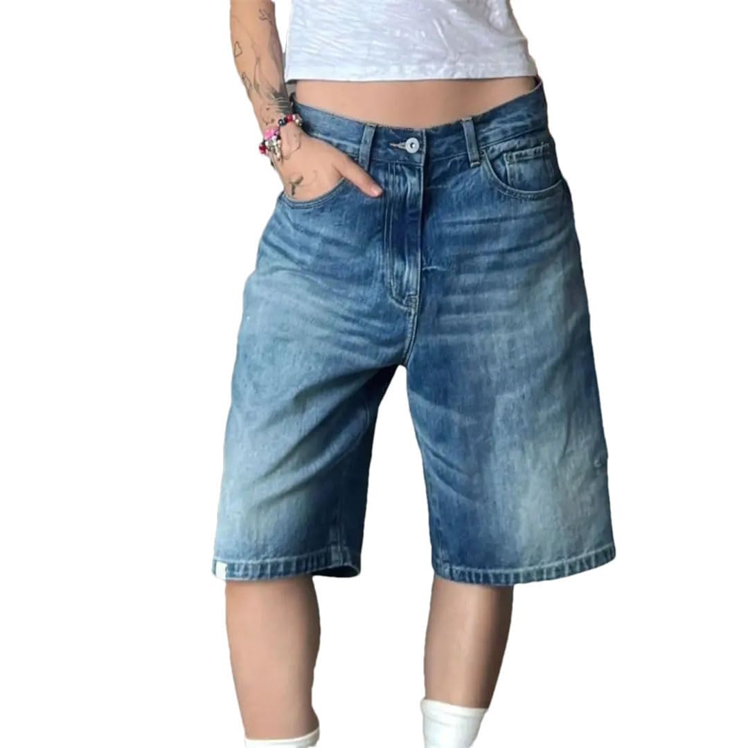 Damskie dżinsy Harajuku Vintage luźne sprane szorty szerokie nogawki punk workowate spodenki dżinsowe, NIEBIESKI, XL