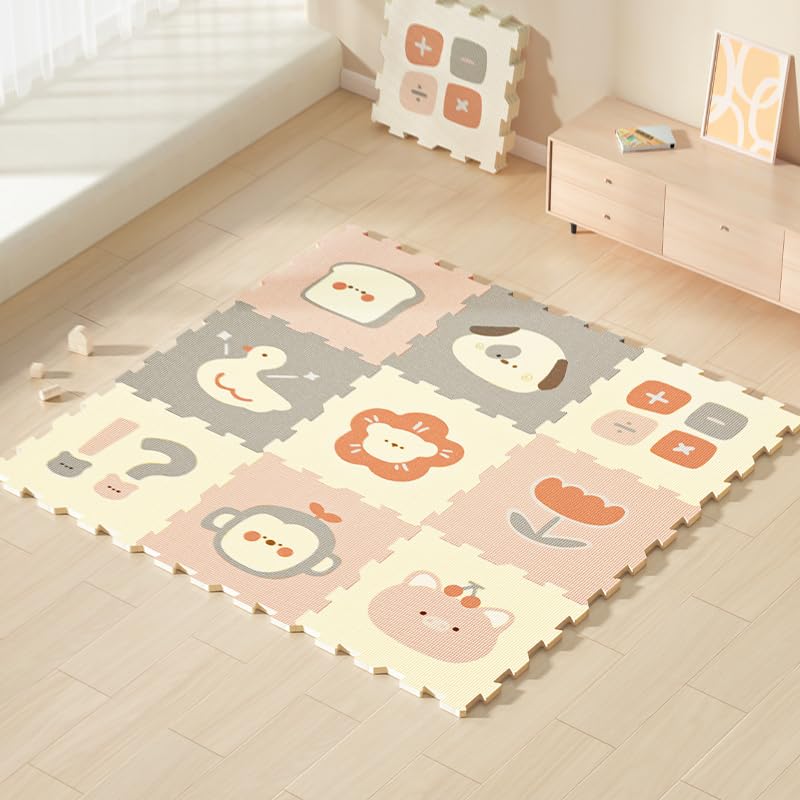 BG-BABYGO Baby Play Mats, 32”x 32” Puzzle with 9 Foam Tiles, Crawling Mat with Interlocking Tiles, Puzzle Mat Pieces, Neutral Playmat for Toddlers & Infants Play Pen (Numeral)