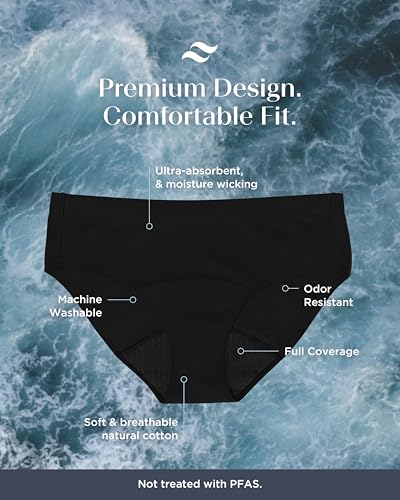 Image of saalt EveryWear Cotton Brief Period Underwear, Regular Absorbency | Comfortable, Thin, and Keeps You Dry from All Leaks, Reusable & Washable, Large, Volcanic Black