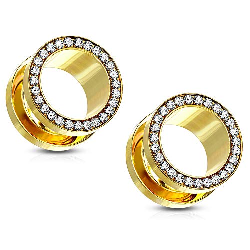 Pierced Owl - Stainless Steel CZ Crystal Lined Rim Screw Fit Tunnel Plug Gauges, Sold As Pair