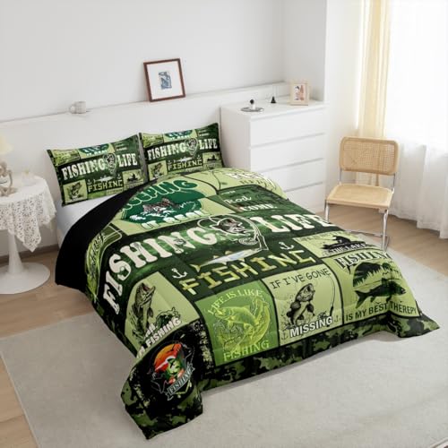 Image of Feelyou Kids Bass Fish Duvet Insert Full Size, Grenn Big Pike Comforter Set Boys Girls Hunting and Fishing Bedding Set Fisherman Teens Bedroom Decor Microfiber Bed Set