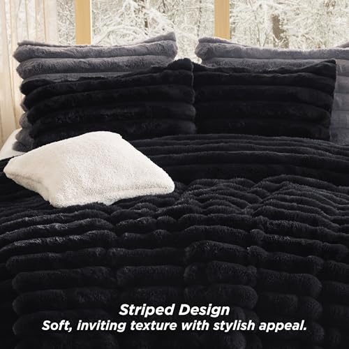 Image of Bedsure Faux Fur King Size Comforter Set - Black Fluffy Comforter King Size, Soft and Cozy Shaggy Winter Bedding Comforter Sets, Warm Luxury Fuzzy Bed Set 3 Pieces, 1 Comforter and 2 Pillowcases
