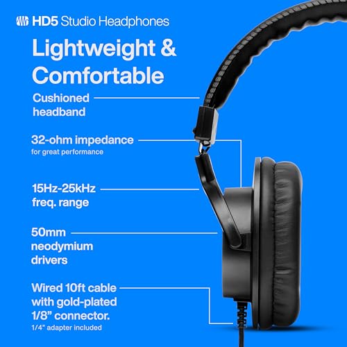 Image of PreSonus HD5 Professional Monitoring Headphones -Wired, Closed-Back, Over-Ear Studio Recording Headphones for Professional Mixing and Monitoring