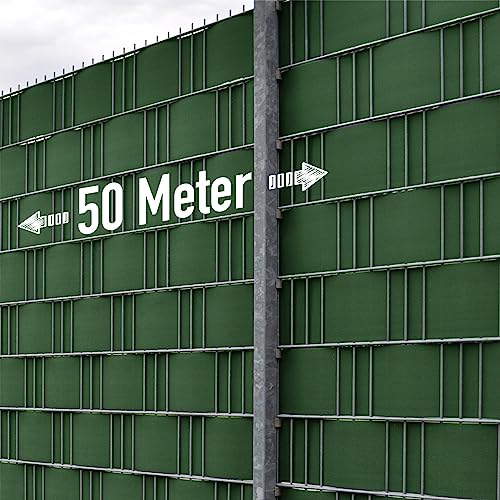 MERCEO Stabmattenzaun-Sichtschutzstreifen, PVC-Folie in Grün/Moosgrün, 19 cm hoch, 50 m lang, inkl. 40 Befestigungsclips, Zubehör zur Verkleidung von Doppelstabmattenzäunen und Einzelstabmattenzäun